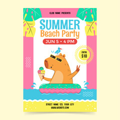 Capybara with ice cream on a circle for swimming in the sea, invitation poster template for summer beach party.Vector stock illustration.