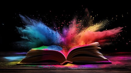 Wall Mural - open magic knowledge book bursting with colorful powder particles in splash, on black table background for overlay. pure imagination concept
