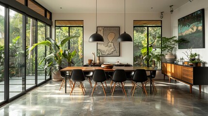 Modern dining room with large windows, natural light, and indoor plants creating a cozy yet elegant atmosphere.