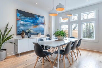 Wall Mural - Modern dining room with stylish furnishings, large windows, and vibrant artwork, creating a bright and contemporary atmosphere.