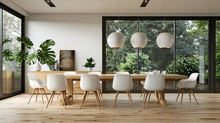 Wall Mural - Modern dining room with white chairs, wooden table, large windows, and indoor plants, showcasing a stylish interior design.