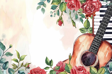 The frame is musical with guitars, piano keys, roses and a frequency sound signal. The watercolor illustration is hand-drawn. For posters, flyers and invitation cards. For greeting cards, certificates