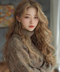 Wall Mural - Korean Woman With Blonde Hair and Green Eyes Wearing a Brown Sweater