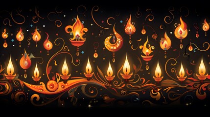 Wall Mural - Shiny banner with oil lamps for Diwali Festival of lights decoration.