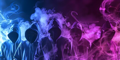 A group of hackers in hoods with dark background and smoke. Concept Cybersecurity, Technological Threats, Hacker Culture, Digital Crimes, Cyber Espionage