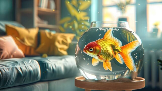 Bright goldfish swimming in a clear fishbowl placed in a cozy living room setting with cushions and books in the background.