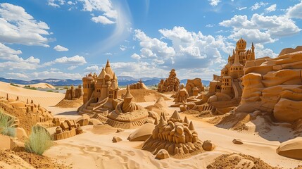 A surreal desert features giant, colorful sand sculptures, blending imagination and reality in a whimsical, breathtaking landscape.
