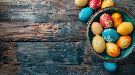 Sticker - Vibrant Easter eggs arranged in a dish on a wooden surface