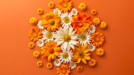 Wall Mural - white rangoli ornament made of orange, yellow and white flowers on solid orange background,