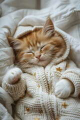 Canvas Print - there is a cat sleeping in a sweater on a bed