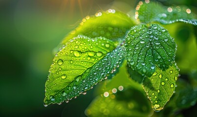 a fresh green leaf with raindrops illuminated by the sun. The image highlights the beautiful and expressive structure of the plant