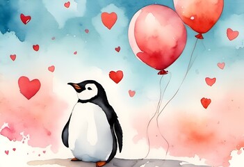 Canvas Print - penguin and pink heart - shaped balloons in the background with sky painted with watercolor