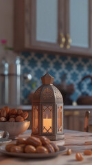 Wall Mural - Ramadan lantern with traditional dates at night on a table.  Eid al Adha,Eid Mubarak,Eid al fitr, Ramadan Kareem