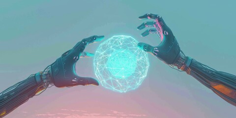 Wall Mural - two hands holding a glowing sphere with an abstract pattern. ai.