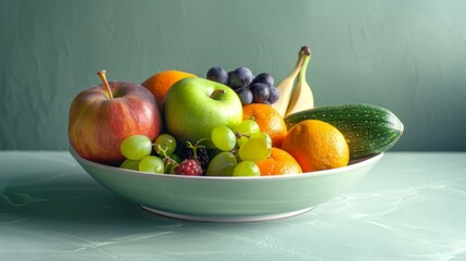 Wall Mural - A bowl of fruit is sitting on a table with green background. AI.