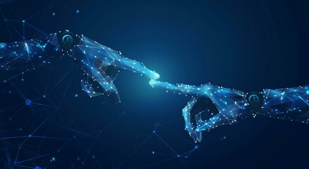 Wall Mural - two hands touching each other with a glowing blue background. ai.