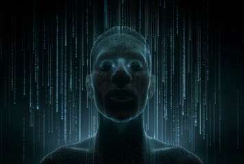 Wall Mural - a digital image of a man's face with dots and lines. ai.