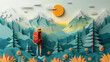 © QuietWord - cute paper cut style illustration, happy woman hiking in nature trail in springtime, flower blossoming in forest with mountain view