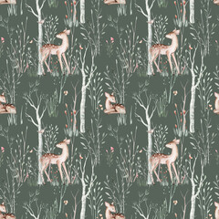 Wall Mural - Watercolor Woodland animals seamless pattern. Fabric wallpaper forest with baby deer trees. bird baby animal Nursery backgrouns
