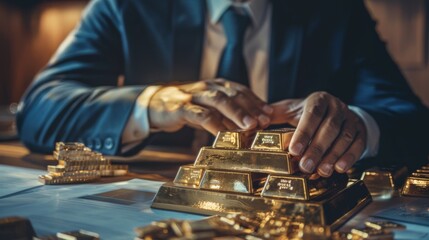 Fototapete - A businessman examining a pile of gold bars on a table, representing investment opportunities in precious metals.