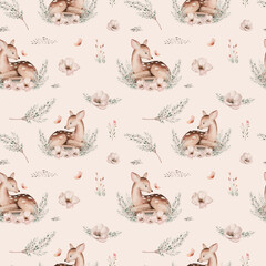 Wall Mural - Watercolor Woodland animals seamless pattern. Fabric wallpaper forest with baby deer. Owl, fox and butterfly, Bunny rabbit set of forest, bear and bird baby animal Nursery