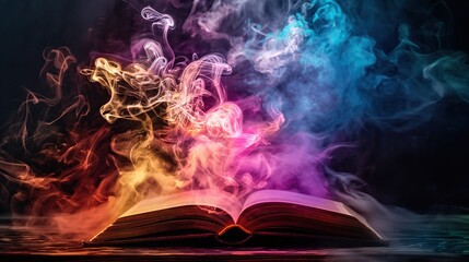 Wall Mural - open magic knowledge book bursting with colorful smoke fume, on black wooden table background for overlay. pure imagination concept
