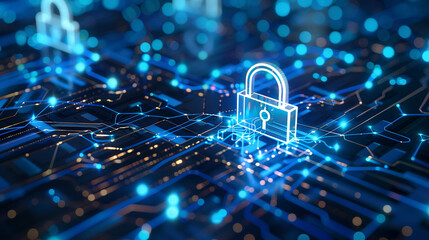 Online data protection and information security concept featuring a lock icon digital network connections and blue tech background emphasizing cybersecurity and secure technology 