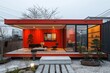 © QuietWord - modern red container house exterior with garden, minimalism design, idea for sustainability for environmental preservation real estate concept,