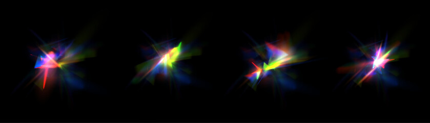 Leinwandbilder - Rainbow rays of light distortion, lens flare, reflection effect from a crystal, glass or gemstone. Vector realistic set of light effects with spectral flare, prism refraction, lens flare. Vector