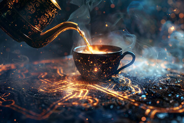 Steaming cup of black tea, coffee, beverage is being poured from an ornate teapot into the center of intricate glowing map with ancient runes and celestial symbols, a magical atmosphere of mystery