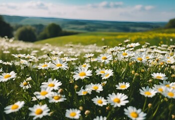 Canvas Print - daisies growing in the middle of a field with mountains in the background