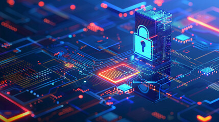 Secure website design and programming technology developer coding for social world safety cyberspace protection with lock icon and blue tech background 