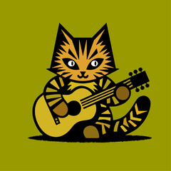 Canvas Print - A cat playing the guitar, simple flat vector illustration in green, gold and brown tones, with thick black lines, cute cartoon character design style, symmetrical composition, retro cartoon style, sui