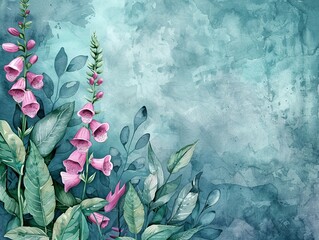 Canvas Print - Watercolor illustration of foxglove in a floral border, isolated on blush background