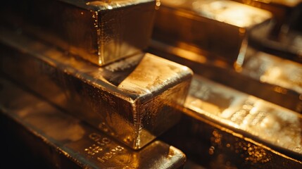 Poster - A close-up of gold bars stacked on top of each other, with sunlight casting a warm glow on the gleaming surfaces.