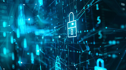 Visual depiction of a cyber security concept showcasing lock and key symbols binary code elements and network connections highlighting the importance of safeguarding digital assets