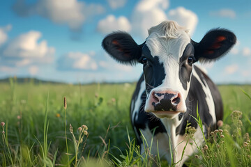 a beautiful cow standing in the fields with blue sky in background