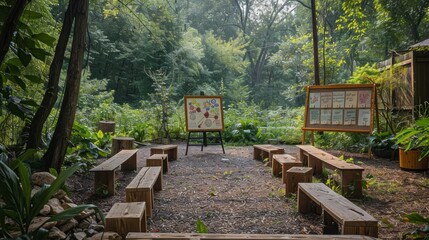 Aufkleber - A wooded area with a signboard and a large board with drawings on it