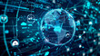 © InfinitiDesigns - Visual representation of global network security featuring a secure globe surrounded by security symbols and protective barriers