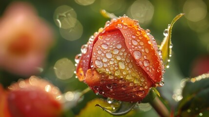Poster - A dew-kissed rosebud awakening to the morning light, adorned with glistening droplets of nature's refreshment