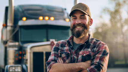 A man with a beard and a plaid shirt is standing next to a semi truck