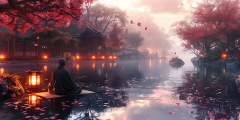 Wall Mural - Cherry Blossom Serenity at Koi Pond, generative ai