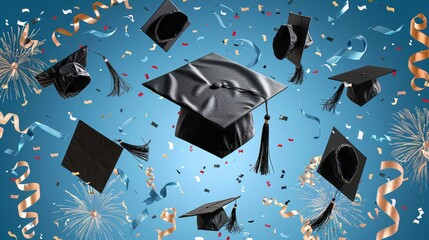 Wall Mural - Celebration of Graduation: Multiple Black Caps and Confetti in the Air Signifying Achievement and Academic Accomplishment