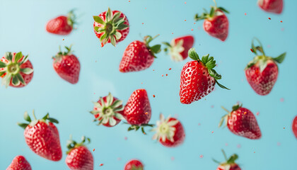 Wall Mural - Delicious sweet strawberries falling on light blue background