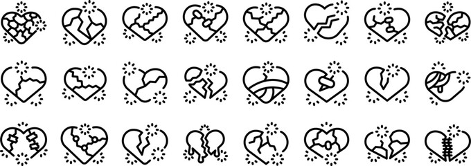 Poster - Cracked heart icons outline set vector. A series of hearts with some broken and some whole. The broken hearts are scattered throughout the image, with some in the middle and others on the edges