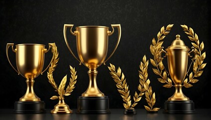 Wall Mural - Realistic trophies of winner, golden goblet, medal and laurel branch, composition on black