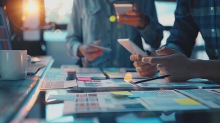 close up ux developer and ui designer use augmented reality brainstorming about mobile app interface