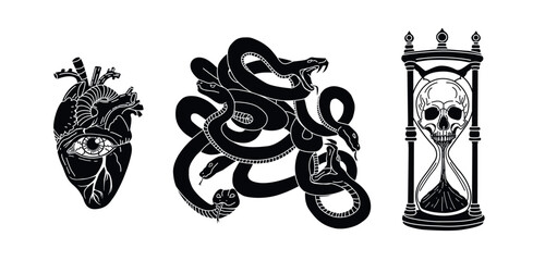 Wall Mural - Set of mystical illustrations. Skull and time. Eye in the heart. Tangled snakes. Flat design. Vector graphics. Gothic theme. Mystical logo. Black silhouette. Gothic print
