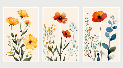 Wall Mural - The botanical poster design set features different flowers that can be used for postcards, wall art, banners, and backgrounds. Let your imagination run wild with this modern naive groovy funky