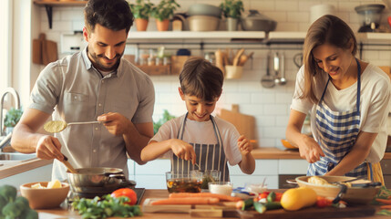 A family participating in a healthy cooking class, promoting good nutrition a dynamic and dramatic composition, with cope space
